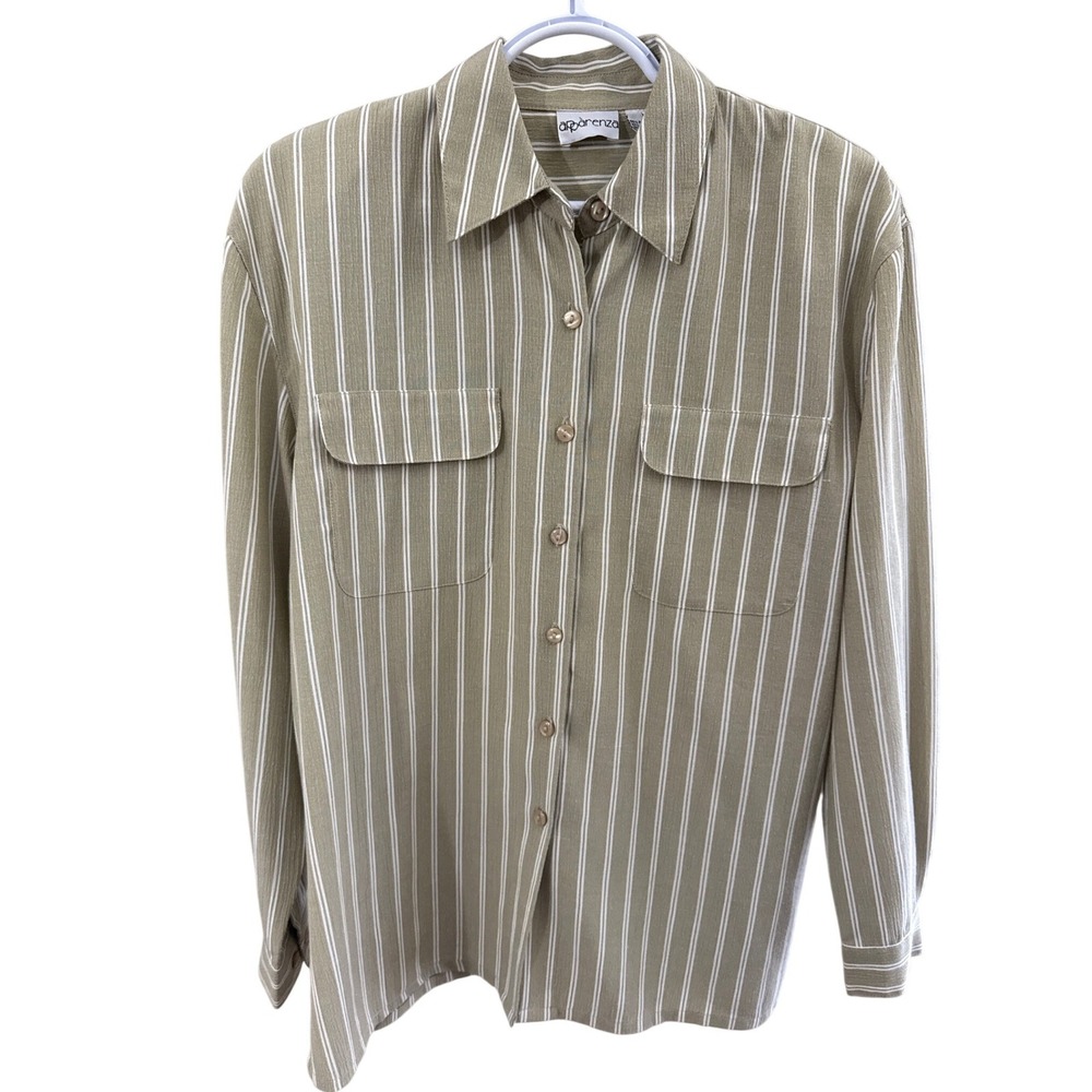 Apparenza Womens Large Tan White Striped Button Down Shirt Shoulder Pads L